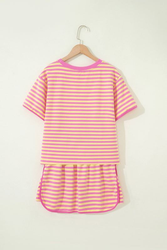 Stripe Contrast Trim Short Sleeve Top & Skirt Set