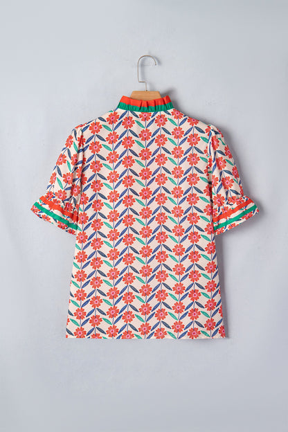 Floral Stripe Detail V-Neck Ruffle Sleeve Blouse