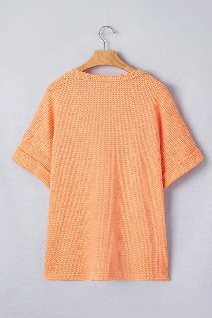 Solid Waffle Knit V-Neck Short Sleeve Top