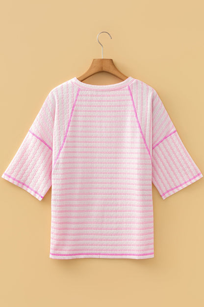 Noelle Textured Knit Split Hem Half Sleeve Loose Top - Pink