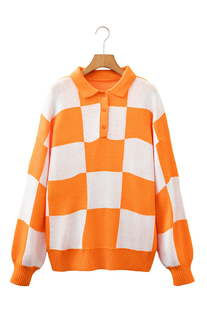 V Neck Checkered Sweater - Tangerine