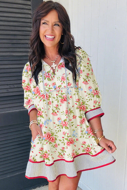 Floral Stripe Trim 3/4 Puff Sleeve Dress