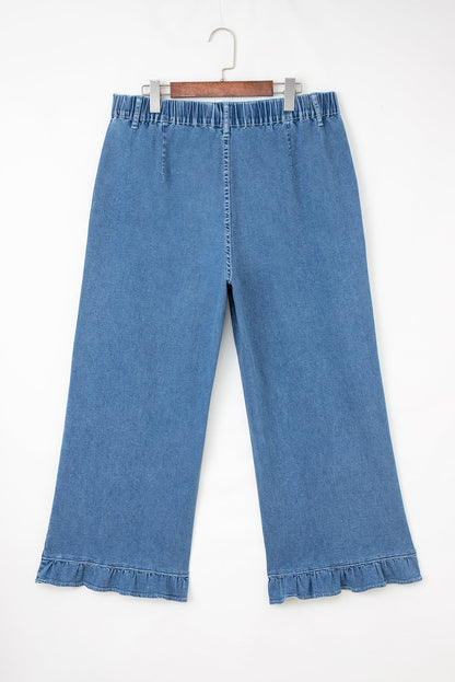 Plus Size Denim Elastic Waist Ruffle Wide Leg Pants