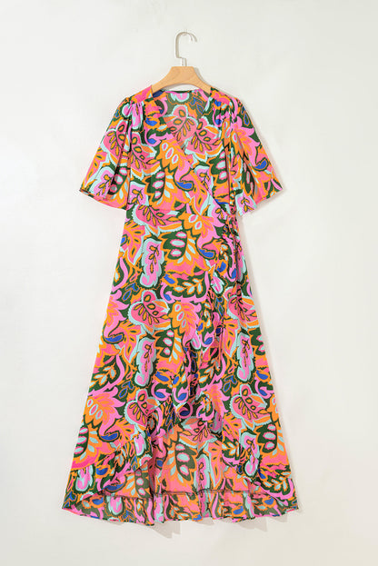 Tropical V-Neck Ruffle Asymmetric Slit Maxi Dress