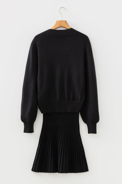 Solid High Neck Sweater and Pleated Mini Skirt Set