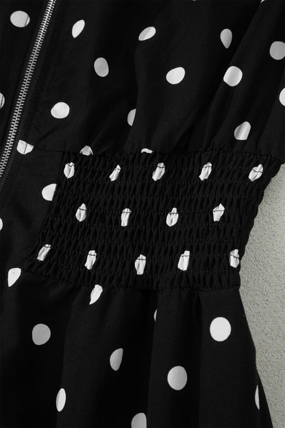 Polka Dot Zip Up V-Neck Sleeveless Dress