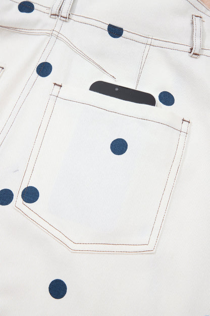 Polka Dot Denim Barrel Leg Overalls Jumpsuit