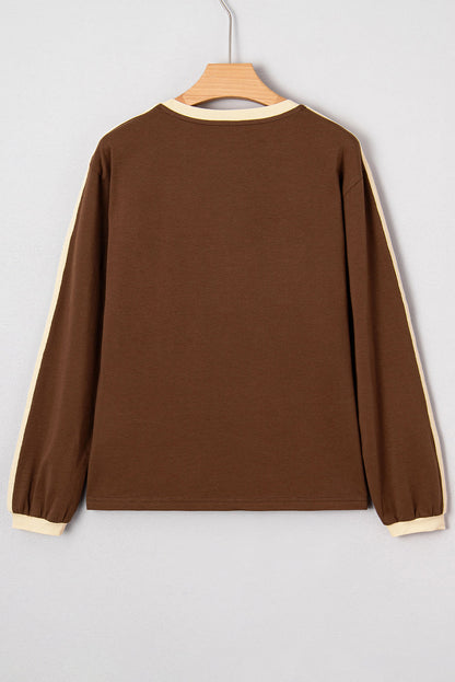 Malani Varsity Striped Crew Neck Long Sleeve Top - Dark Brown