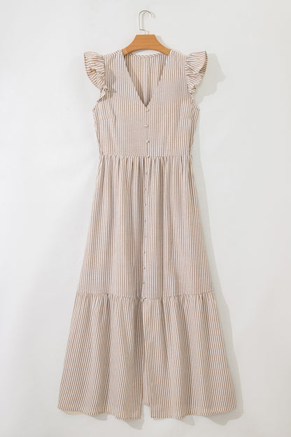 Stripe Flutter Sleeve Buttoned V-Neck Maxi Dress