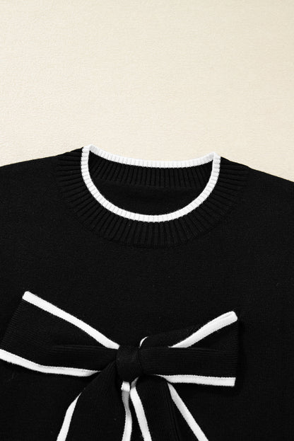 Bow Tie Contrast Trim Cropped Sweater