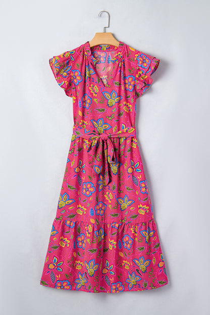 Floral Flutter Sleeve V-Neck Belted Midi Dress