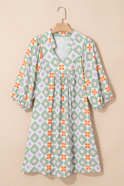 Geometric Floral 3/4 Sleeve Notched Neck Mini Dress