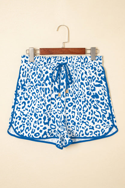 Leopard Contrast Trim Elastic Waist Drawstring Shorts