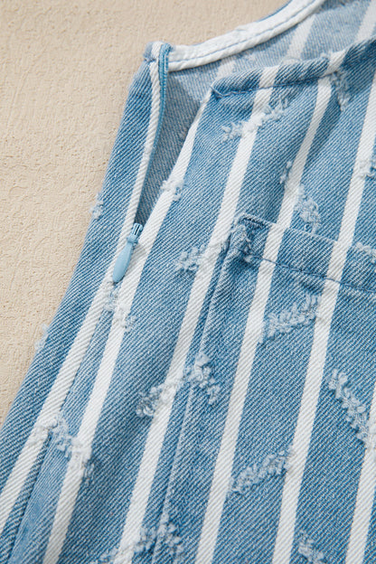 Stripe Distressed Denim Ruffle Wide Leg Overalls
