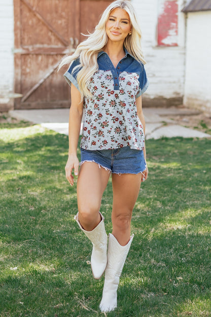 Floral Retro Denim Patchwork Buttoned Collar Top