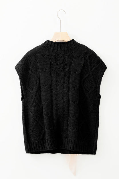 Colorblock Satin Bow Cable Knit Short Sleeve Sweater