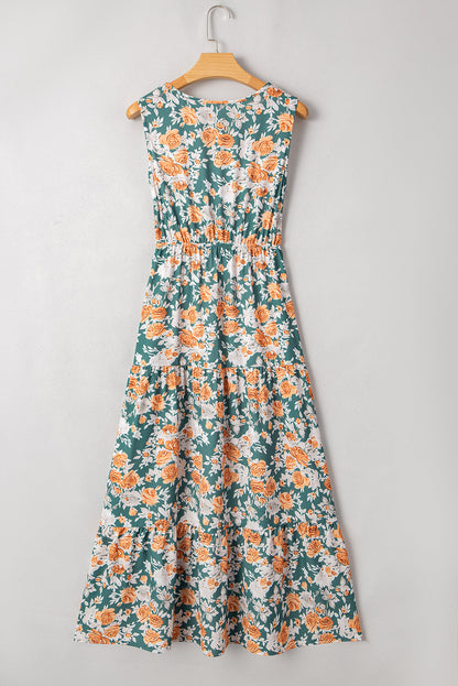 Floral Buttoned V-Neck Tie Waist Maxi Dress