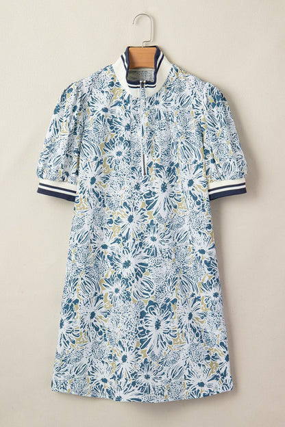 Floral Stripe Patchwork Collared Short Sleeve Mini Dress