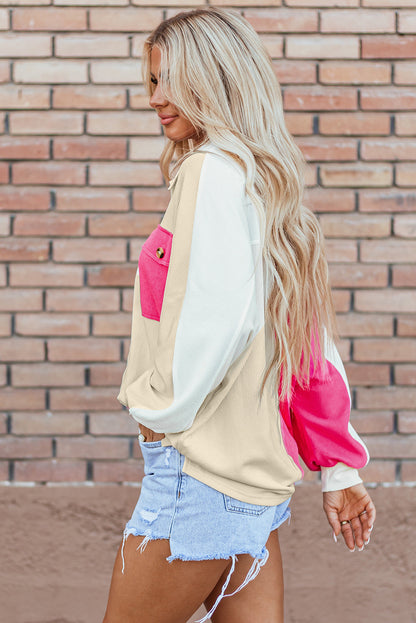 Colorblock Collared Ribbed Patchwork Pocketed Sweatshirt