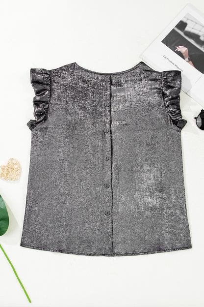 Metallic Ruffle Trim Sleeveless Round Neck Top
