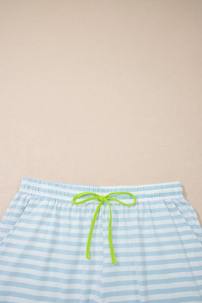 Stripe Contrast Trim Tee & Drawstring Shorts Set