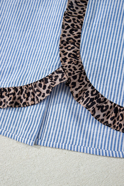 Stripe Leopard Ruffle Long Sleeve Buttoned Shirt