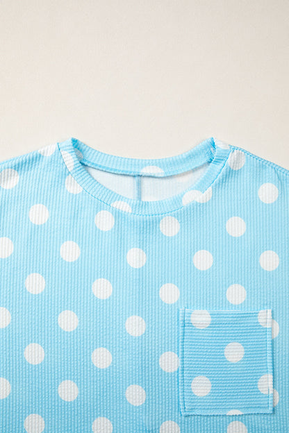 Polka Dot Patch Pocket Drop Shoulder Textured Top