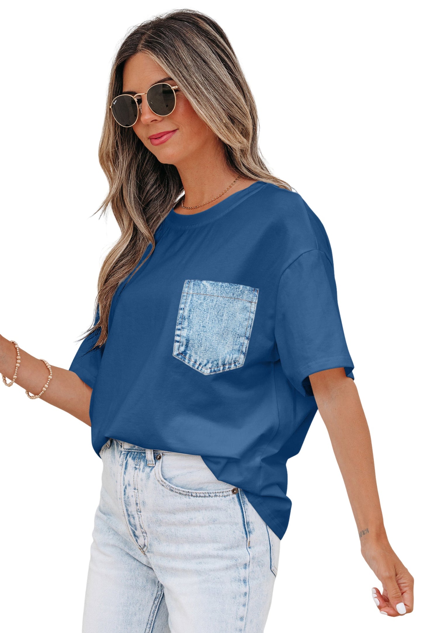 Colorblock Chest Pocket Patch Short Sleeve Top