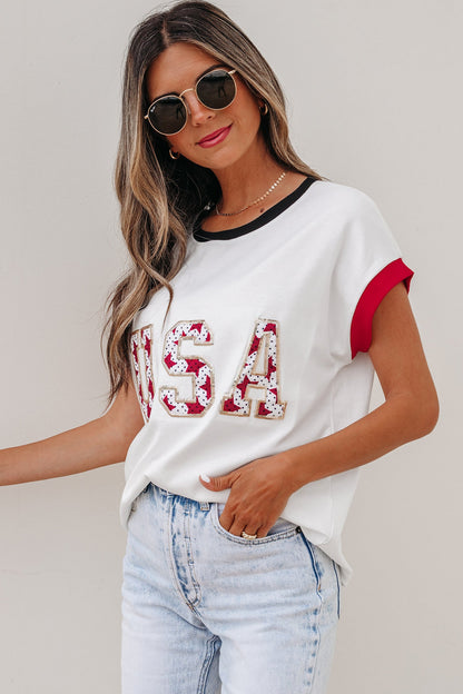 Sequin Star USA Patch Colorblock Trim T-Shirt