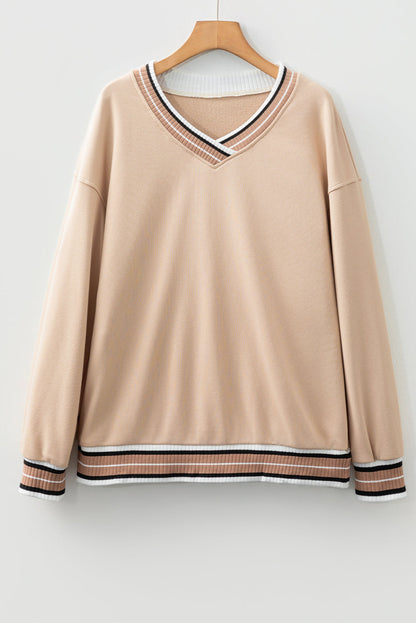 Varsity Contrast Stripe Trim V-Neck Sweatshirt
