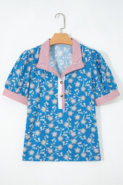 Floral Stripe Trim Button Neck Short Sleeve Blouse