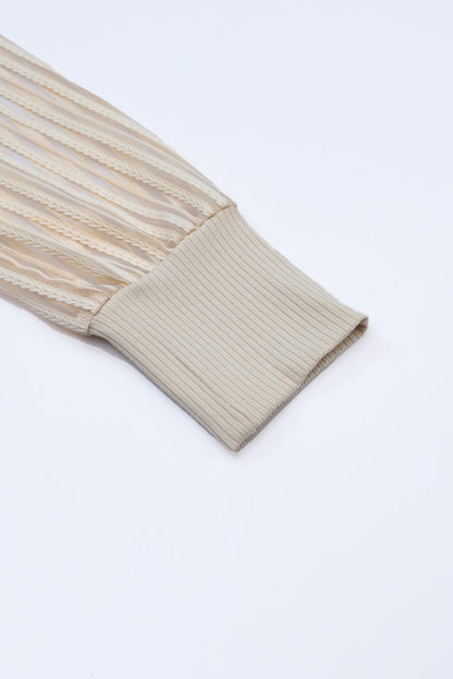 Stripe Ribbed Mesh Long Sleeve Crewneck Top