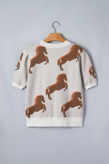 Western Horse Short Puff Sleeve Sweater