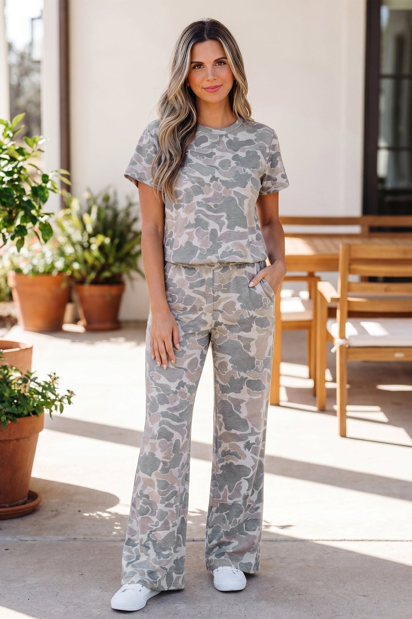 Camo Short Sleeve Top & Wide Leg Pants Set