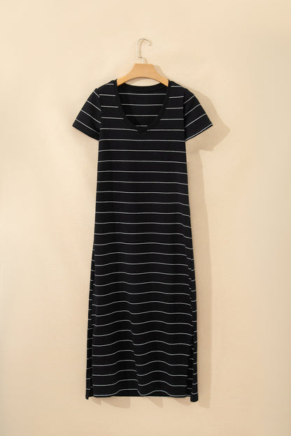 Stripe Short Sleeve Side Slit Maxi Dress
