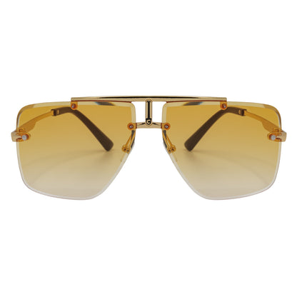 DIRECTOR - Rimless Metal Flat Top Aviator Sunglasses Gold Amber Fade Lens