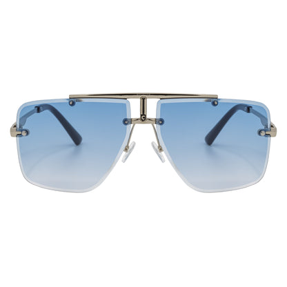 DIRECTOR - Rimless Metal Flat Top Aviator Sunglasses Silver Blue Fade Lens