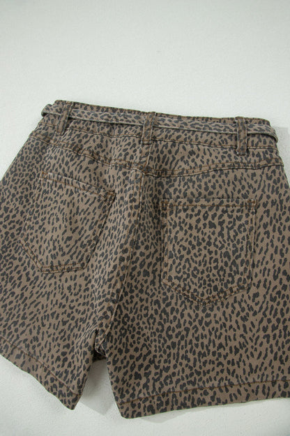 Leopard Denim Tie High Waist Shorts