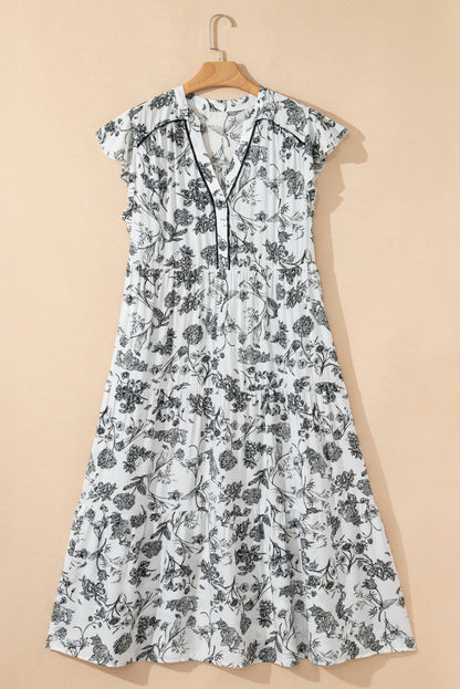 Plus Size Floral Ruffle Sleeve Midi Dress