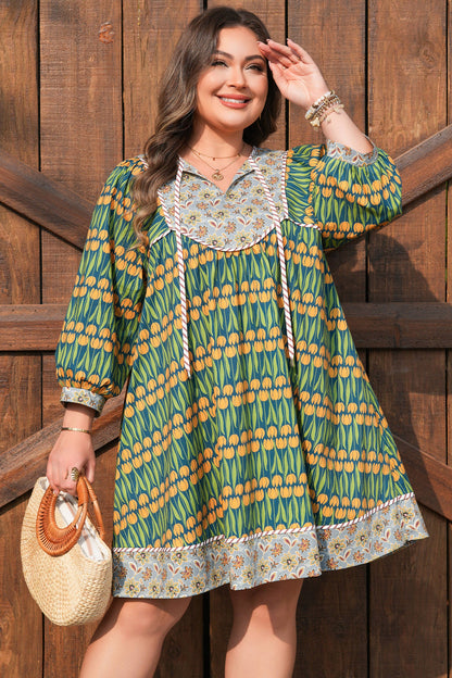Plus Size Floral Stripe Trim 3/4 Sleeve Mini Dress
