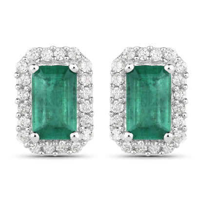 0.91 Carat Genuine Zambian Emerald and White Diamond 14K White Gold Earrings