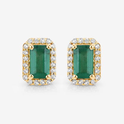 0.91 Carat Genuine Zambian Emerald and White Diamond 14K Yellow Gold Earrings