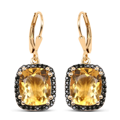 14K Yellow Gold Plated 8.90 Carat Genuine Citrine & Black Spinel .925 Sterling Silver Earrings