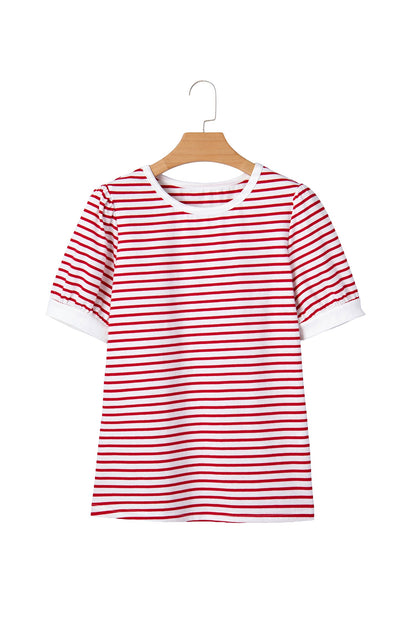 Stripe Contrast Trim Round Neck Puff Sleeve T-Shirt