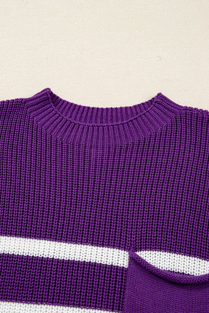 Stripe Patch Pocket Short Sleeve Knit Sweater