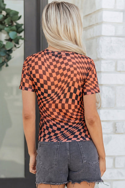 Checker Mesh Mock Neck Short Sleeve T-Shirt