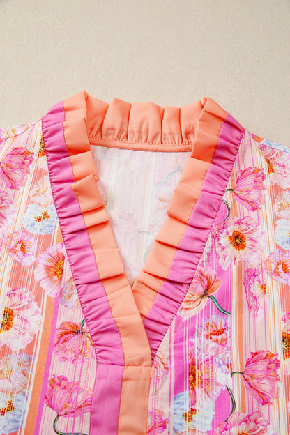 Floral Poppy Stripe Colorblock V-Neck Short Sleeve Blouse