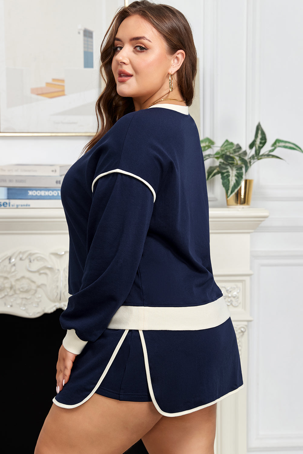 Plus Size Colorblock Top and Lace-up Skirt Set