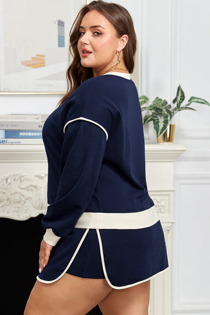 Plus Size Colorblock Top and Lace-up Skirt Set