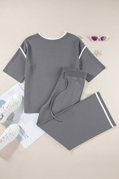 Contrast Trim Top and Drawstring Pants Set
